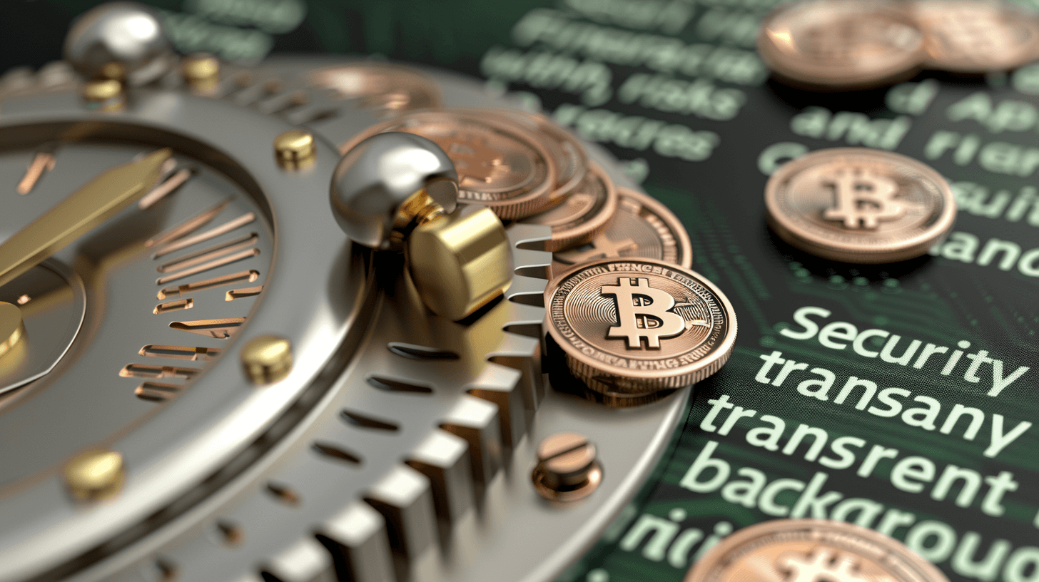 A close up of an hour glass with coins and bitcoin on it. Text “iec security transplants background” written in the digital space next to them. A clock is also seen. 3d render in the style of digital space.