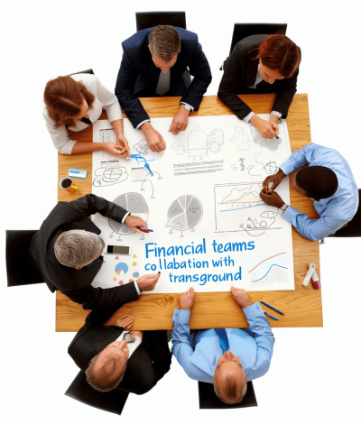 North American financial bridges collaboration with transhumanists. A group of business people sitting around a table, drawing on a whiteboard in the center. In the style of Edwardian, a man's  top view, writing some sketches and graphs about the new stock market or piling up money at a bank office background, business concept scene with word text over isolated white background.