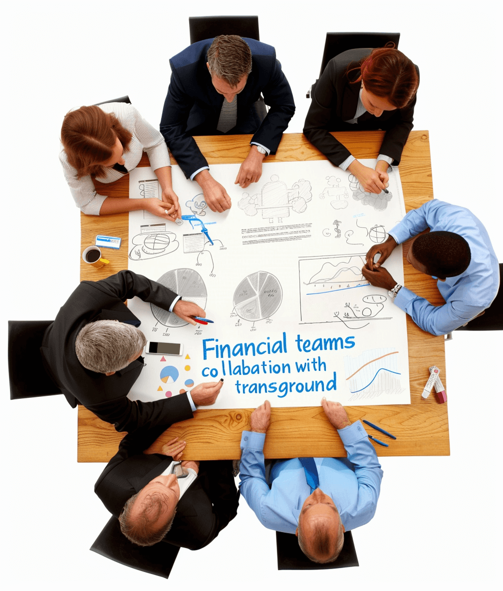 North American financial bridges collaboration with transhumanists. A group of business people sitting around a table, drawing on a whiteboard in the center. In the style of Edwardian, a man’s  top view, writing some sketches and graphs about the new stock market or piling up money at a bank office background, business concept scene with word text over isolated white background.