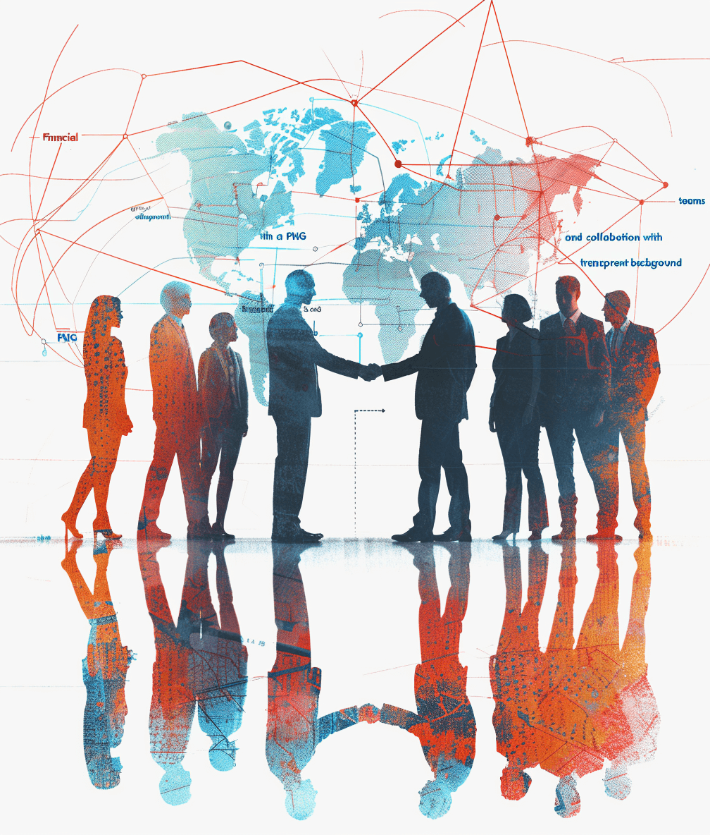 A visually striking illustration of business people shaking hands, surrounded by global map lines and graphs symbolizing international collaboration in the corporate world. Isolated on white background with transparent png effect. The composition includes elements like two men shaking hands at the center focus, while other figures stand around them, creating an atmosphere that conveys successful mining deals within various countries.