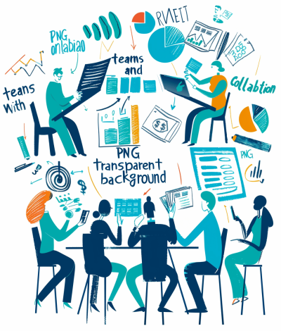 Vector illustration of a business team working together on digital devices, in an office setting with charts and graphs in the background. The text "Hate transparent backgrounds" is written in the style of guarded hands, with the text "guarded hands". People are sitting around a round table talking to each other, in the vector graphics, colorful illustrations, simple shapes, blue tones, flat design, white background. Vector graphic, drawing, doodle style. High resolution vector. No gradients. The text below says "road sign", with no shadows under the people. It is important that the colors match.