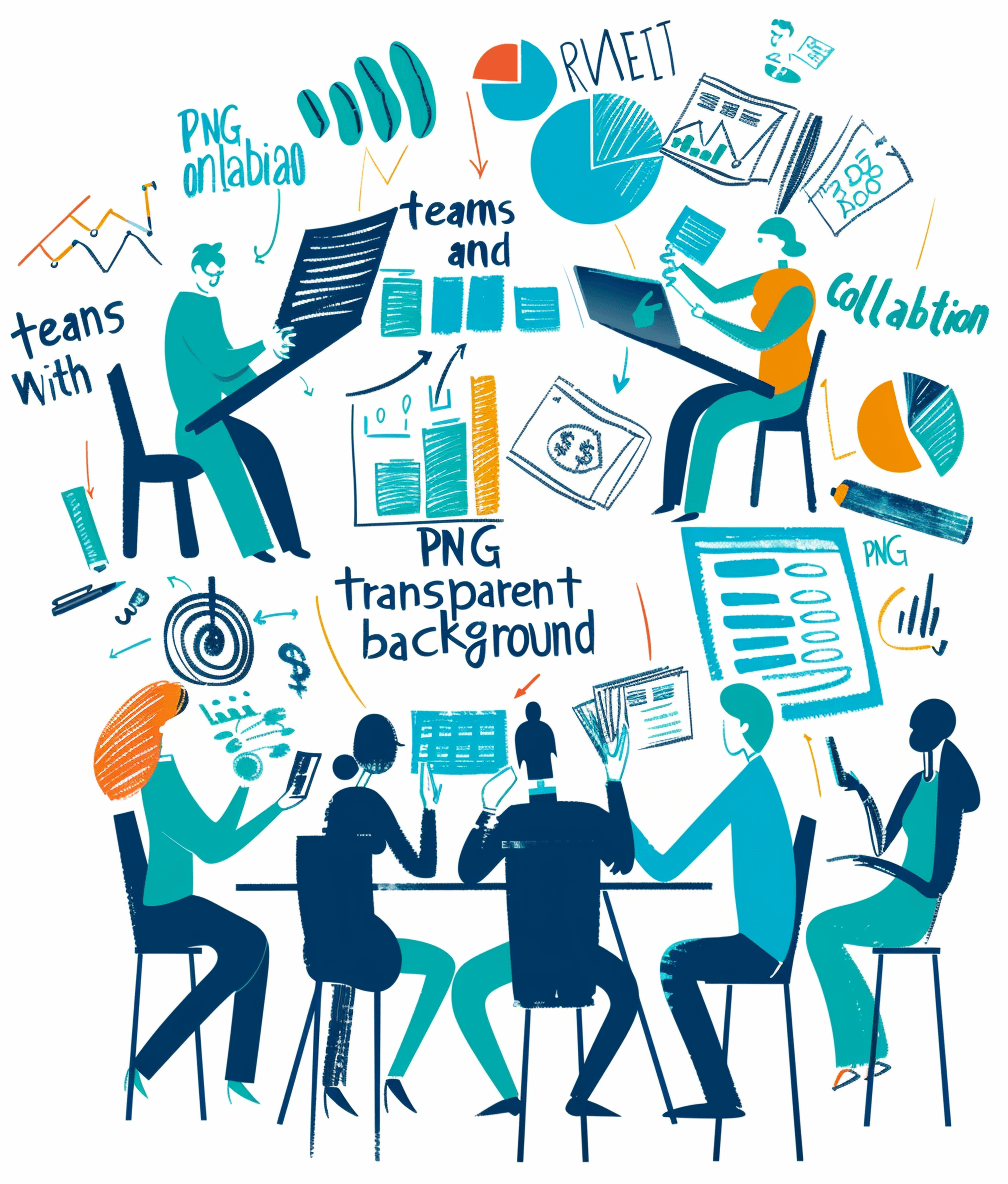 Vector illustration of a business team working together on digital devices, in an office setting with charts and graphs in the background. The text “Hate transparent backgrounds” is written in the style of guarded hands, with the text “guarded hands”. People are sitting around a round table talking to each other, in the vector graphics, colorful illustrations, simple shapes, blue tones, flat design, white background. Vector graphic, drawing, doodle style. High resolution vector. No gradients. The text below says “road sign”, with no shadows under the people. It is important that the colors match.