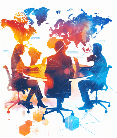 Illustration of a global business team meeting, with people in silhouette sitting around a table with laptops and papers in front of them. An abstract map shows in the background with network lines connecting the hemispheres of the world on a white background in vibrant colors.