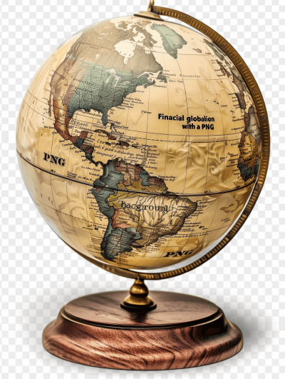 facial financial globe with a transparent background", png, transparent backgrounds, earth tones color pallette, vintage world map globe on wooden stand, with the word "Sanchi drawn in black ink under it, vintage and retro feel, transparent or white PNG backgrounds