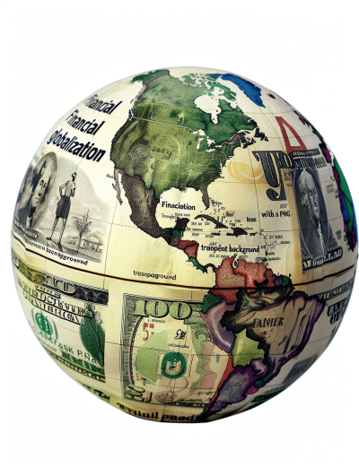 A globe with the world map made of various currency bills, titled "budgeting" and "financial management", on a transparent background. The sphere is adorned with images representing different cultures or landscapes, such as photos from each country's national emblem. In one corner there’s an American dollar bill, in another a style representing Chinese culture, on a white background. A small figure stands next to it holding coins, symbolizing adulthood and self-reliance.