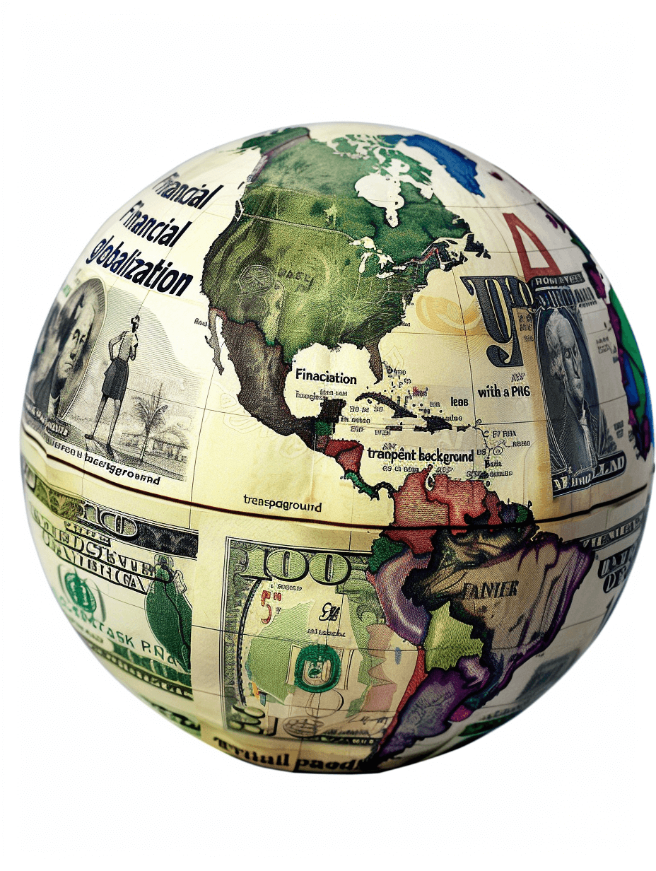 A globe with the world map made of various currency bills, titled “budgeting” and “financial management”, on a transparent background. The sphere is adorned with images representing different cultures or landscapes, such as photos from each country’s national emblem. In one corner there’s an American dollar bill, in another a style representing Chinese culture, on a white background. A small figure stands next to it holding coins, symbolizing adulthood and self-reliance.