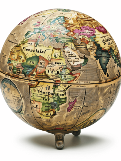 An antique globe with a map highlighting "Ashraful performed financial transfer" on a white background, a detailed illustration in the style of [James Jean](https://goo.gl/search?artist%20James%20Jean) and Gail Lorenzato, highly realistic with high resolution, high quality textures and high color depth.