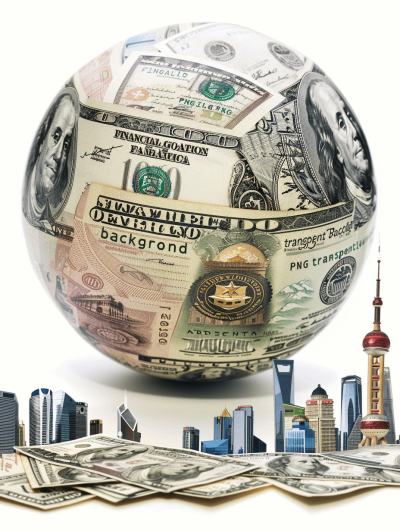 A sphere made of various banknotes, featuring Shanghai's iconic buildings and skyscrapers in the background. The dollar bill is prominently displayed on top of other bills. There should be no visible text or numbers in any part of the ball against a white background.