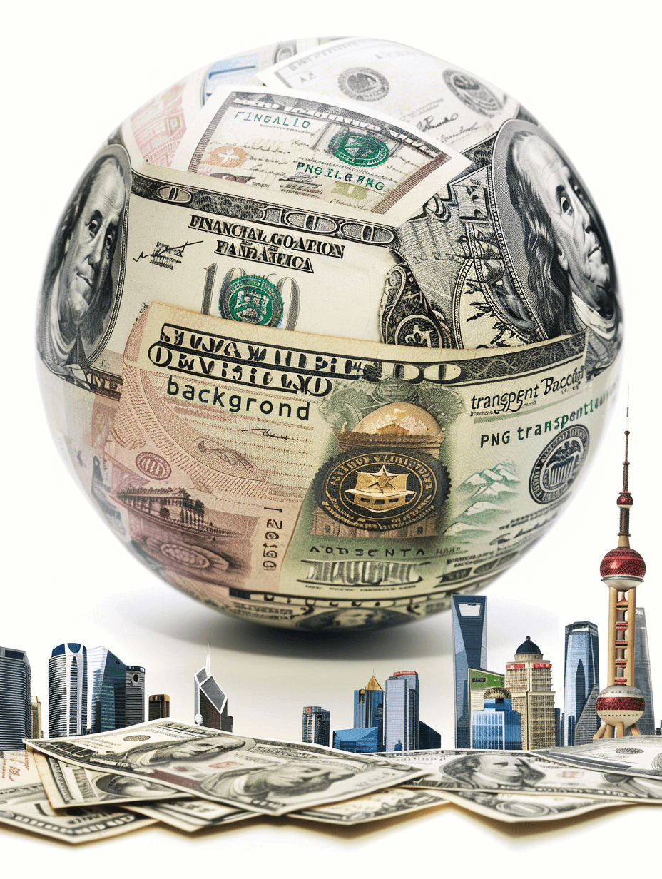 A sphere made of various banknotes, featuring Shanghai’s iconic buildings and skyscrapers in the background. The dollar bill is prominently displayed on top of other bills. There should be no visible text or numbers in any part of the ball against a white background.