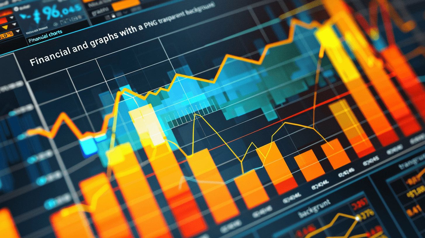 Financial charts with graphs, stock market data on screen, orange and blue color theme, digital art style, closeup shot, detailed text “brainstorming ideas for AI in finance”. High resolution, quality, detailed, definition, contrast, sharp focus.