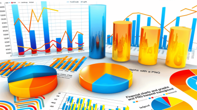 3D financial charts with graphs and pie charts, showcasing market data in vibrant colors in the style of various artists.