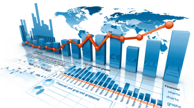 Illustration of "financial graphs and charts, global business growth", stock market concept with world map background, 3D rendering illustration isolated on white background, blue color theme, blue bar graph growing upwards, orange arrow pointing up, grey scale colors only, stock photo, high resolution photography, high quality, high detail, sharp focus, no blur, high details, HDR, in the style of blue color theme and grey scale colors.