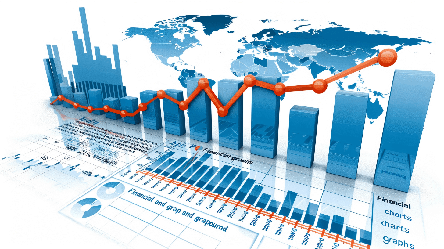 Illustration of “financial graphs and charts, global business growth”, stock market concept with world map background, 3D rendering illustration isolated on white background, blue color theme, blue bar graph growing upwards, orange arrow pointing up, grey scale colors only, stock photo, high resolution photography, high quality, high detail, sharp focus, no blur, high details, HDR, in the style of blue color theme and grey scale colors.