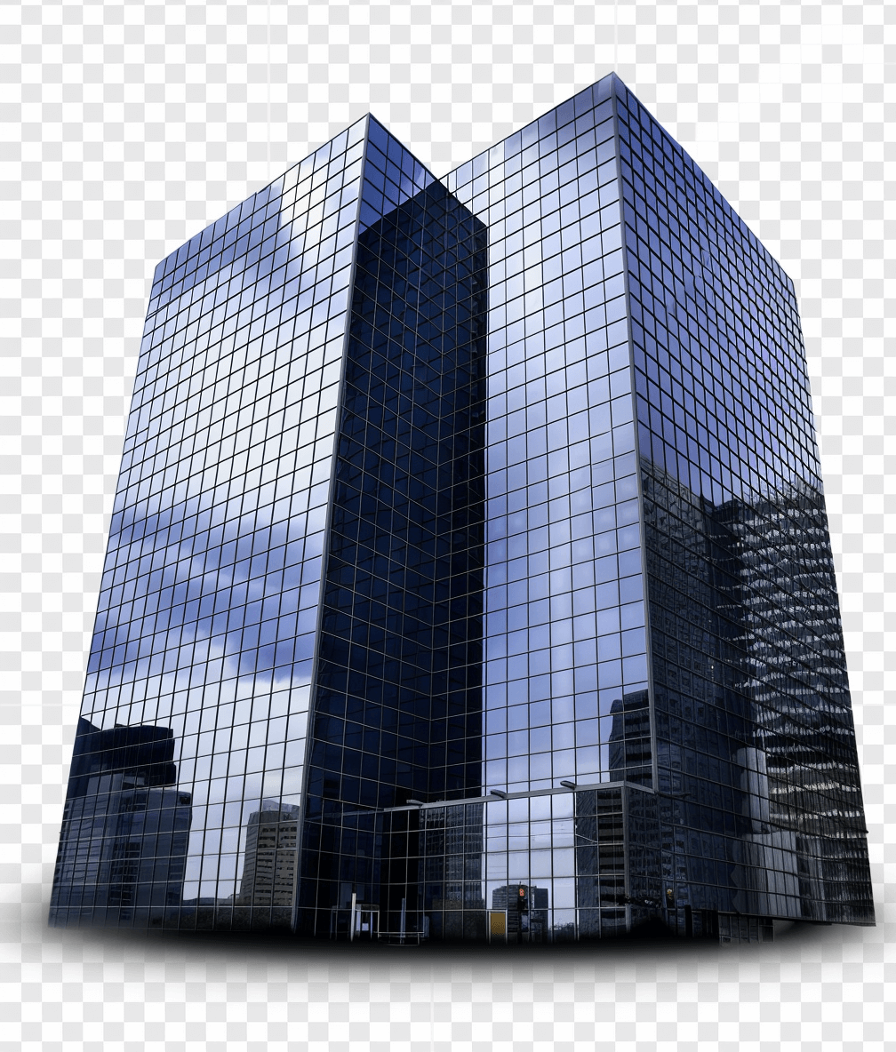 A modern skyscraper with glass windows reflecting the cityscape, isolated on transparent background png