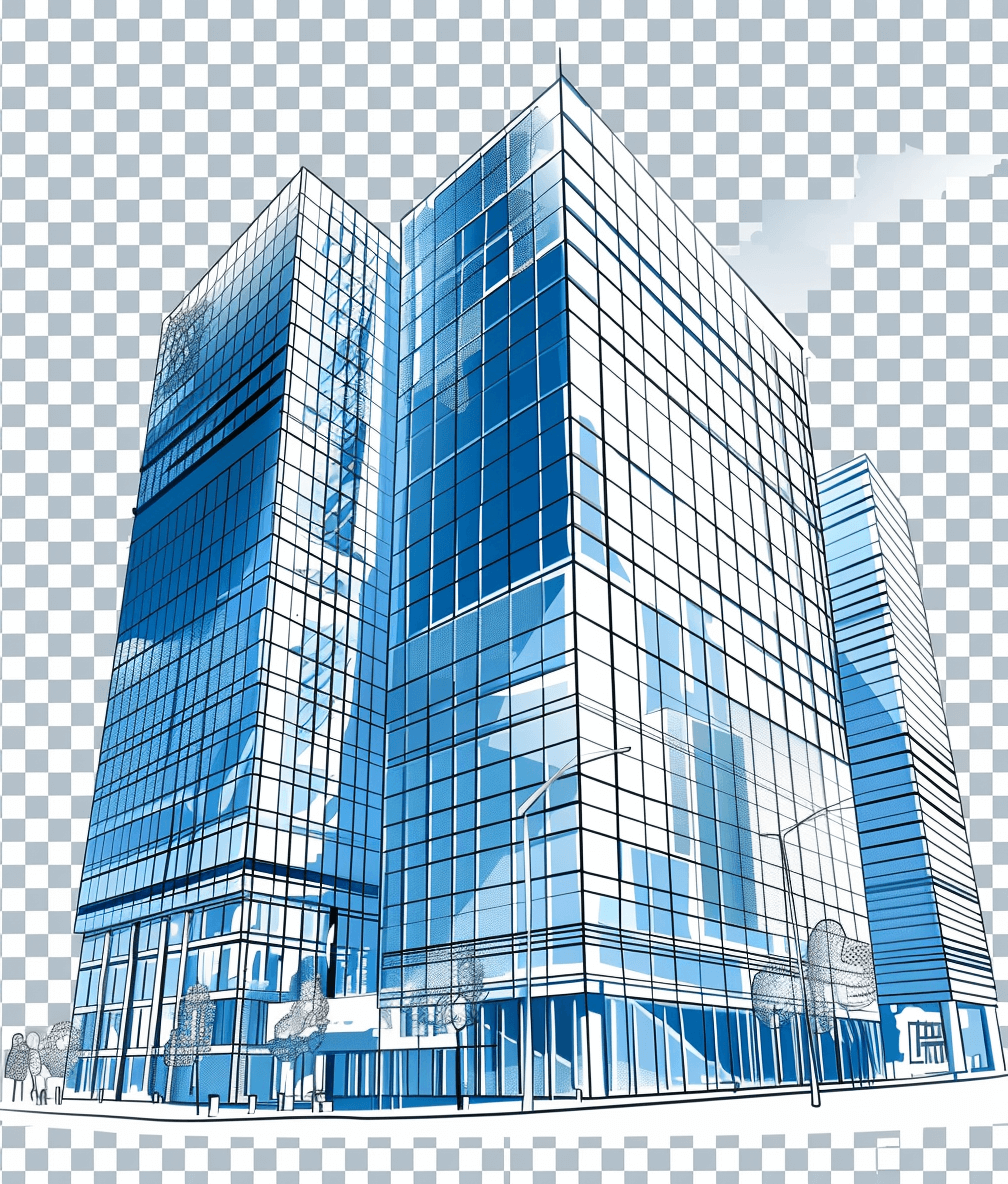 sketch of office building, vector illustration with transparent background, blue and white color palette, high resolution, highly detailed, png format for easy cutout, white outline on the edges, professional photography