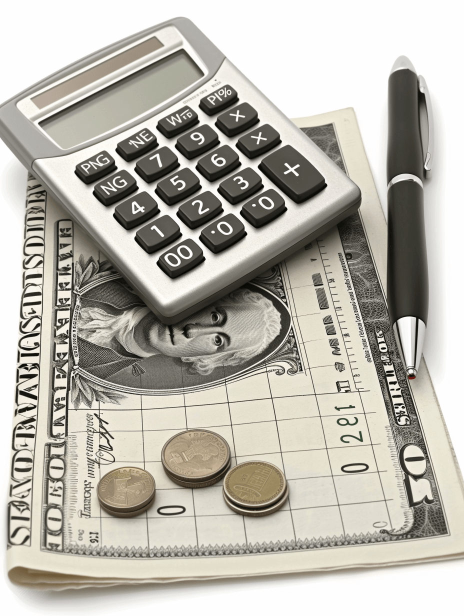 A calculator, pen and money on top of an American dollar bill stock photo white background in the style of an american artist. The items are arranged with minimal spacing on the plain white backdrop. This realistic scene depicts everyday objects composed together without repetition of words. Any Chinese characters have been removed from the original image description.