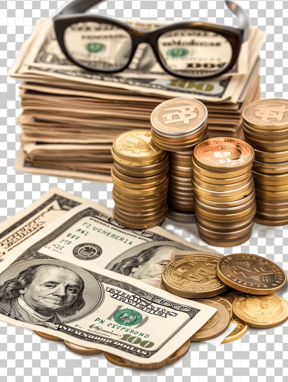 Realistic photograph of pile coins and dollar bills with eyeglasses, png transparent background, cutout, ultra realistic photography