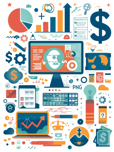 An illustration of "Frameless Business". A computer screen displaying financial data, surrounded by icons representing marketing and sales. The background is white with various flat design elements like dollar signs, graphs, digital tools, etc., all in bright colors. There's an emphasis on modernity and technology. Vector graphics style with clean lines and geometric shapes.