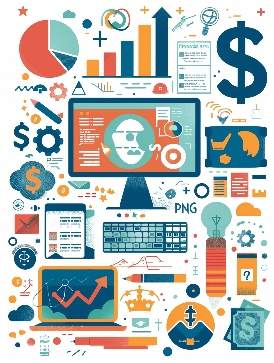 An illustration of “Frameless Business”. A computer screen displaying financial data, surrounded by icons representing marketing and sales. The background is white with various flat design elements like dollar signs, graphs, digital tools, etc., all in bright colors. There’s an emphasis on modernity and technology. Vector graphics style with clean lines and geometric shapes.