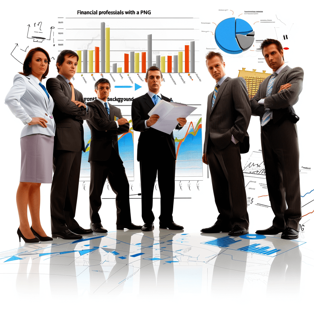 length of financial professional team with charts and graphs, white background, PNG file” stock photo image, full body shot, high resolution, super detailed, professional photograph