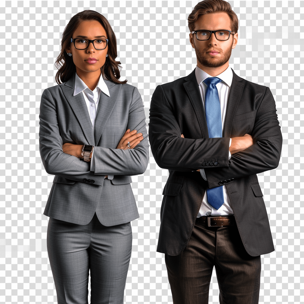 photorealistic business woman and man standing with arms crossed, transparent background png, stock photo style, smart casual suits, wearing glasses, high resolution