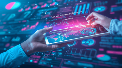 film style shot of financial technology and digitalization with a transparent screen, a hand holding a tablet displaying data charts. "wallpaper design with a background digital dashboard of future tech and money graphics in pink, purple and blue colors". Shot in the style of Nikon D850 with an 24mm f/32 lens at F9 ISO, in a Photojournalistic style, with Hyper realism and clean sharp focus.