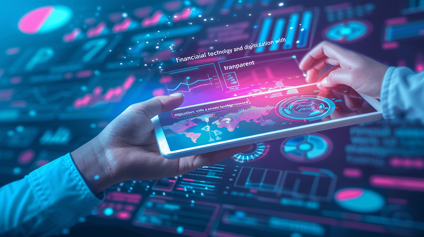 film style shot of financial technology and digitalization with a transparent screen, a hand holding a tablet displaying data charts. “wallpaper design with a background digital dashboard of future tech and money graphics in pink, purple and blue colors”. Shot in the style of Nikon D850 with an 24mm f/32 lens at F9 ISO, in a Photojournalistic style, with Hyper realism and clean sharp focus.