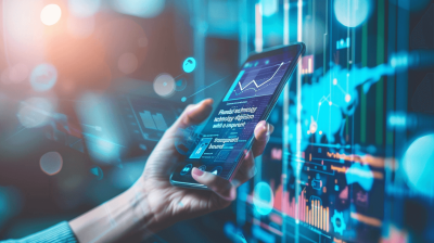 A person holding an advanced smartphone displaying digital data and graphs, with the background showing virtual screens of business analytics software. The concept is "flourishing technology" or a tech-savvy lifestyle. A closeup shot captures their hand in motion as they use the phone to focus on screen imagery, symbolizing knowledge about cloud computing and security for streaming battles. The artwork is in the style of Van Gogh.