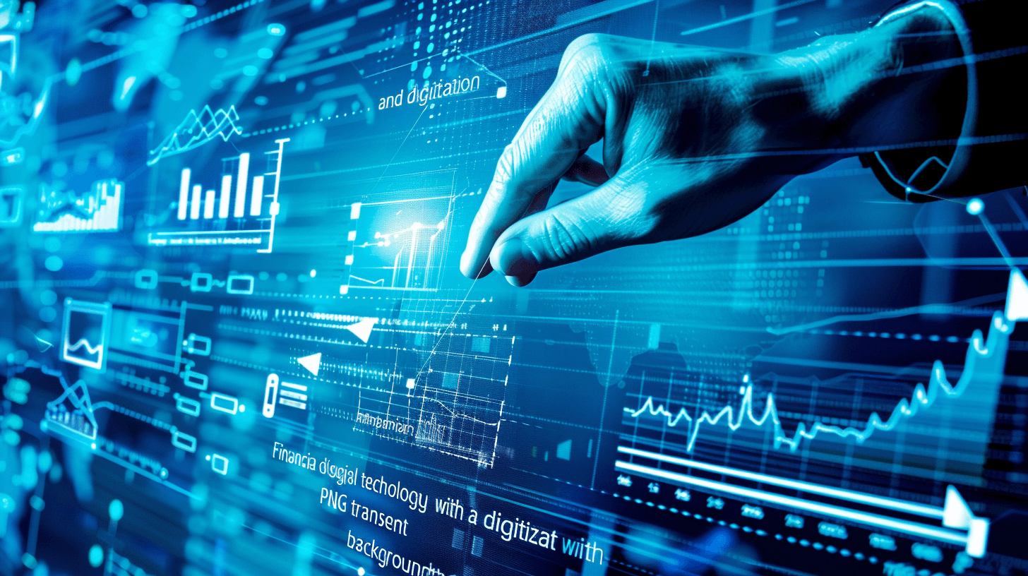 How financial technology and digitalization impact the global stock market. An illustration of a hand pointing at graphs and charts on an interactive screen, representing financial data visualization for weathering salon business growth, set against a blue background. The scene captures corporate product photography, highlighting the sleek design of modern graphics and user interface elements. A digital illustration focused on high detail and realism in the style of corporate product photography.