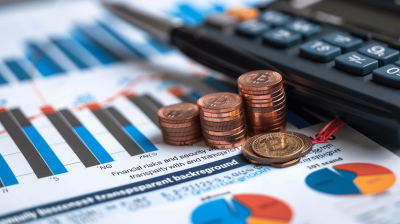 keyBIG " financial device theme, closeup of coins and copper coin stack on the table with calculator and bar graph chart background. high resolution photography, stock photo, studio lighting, high quality.