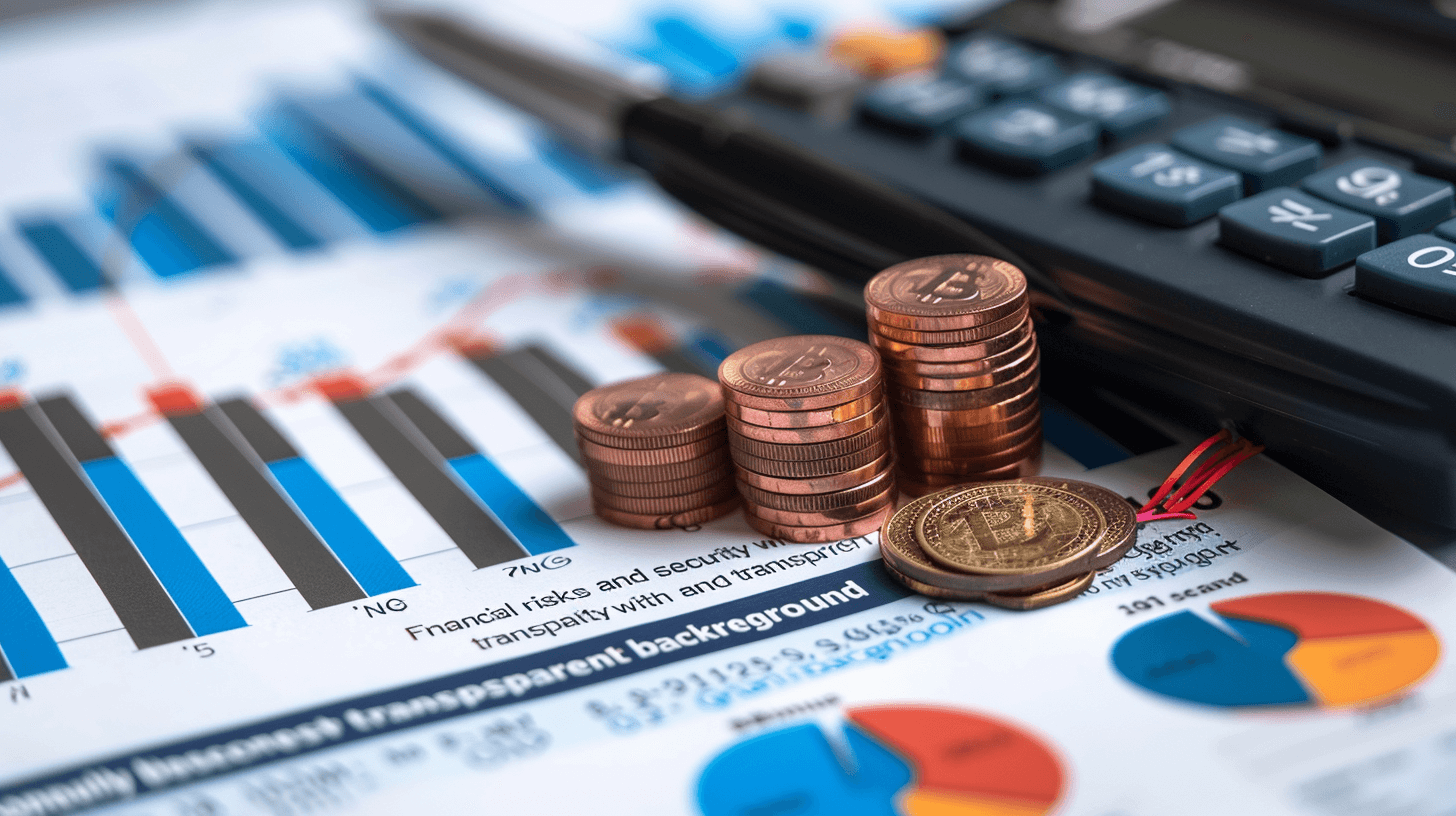 keyBIG ” financial device theme, closeup of coins and copper coin stack on the table with calculator and bar graph chart background. high resolution photography, stock photo, studio lighting, high quality.