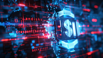 Digital background featuring the word "SAI" and an icon of money, surrounded by digital code and financial symbols. The design conveys advanced technology with elements like blue hues and red highlights to emphasize security and transparency. This concept reflects S méabi's commitment towards ensuring rendering for each system and enhancing overall performance while maintaining low energy usage in the style of cyber carving.