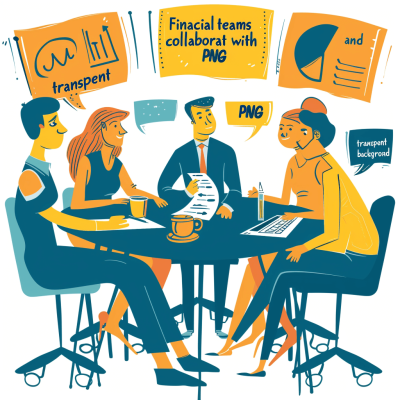 Trump financial team works with PPNG on transparent background and collaboration." Vector illustration of business people sitting around the table, talking about company development using charts and graphs in office . finan scale icon , line art style. Flat design vector graphics . Use simple shapes to create an elegant cartoonstyle character design for women wearing blue dress or yellow shirt . Isolated flat color background with speech bubbles.