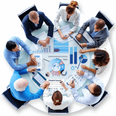 A group of business people sitting around the table with various charts and graphs on it, symbolizing collaboration in market research for advertising campaign planning. white background, high resolution photography, stock photo style, top view