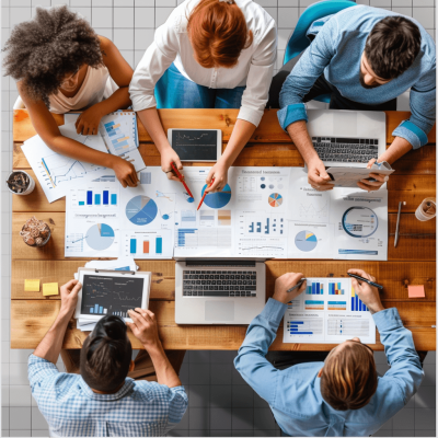 Top view of a diverse business team working together on a digital marketing strategy, surrounded by charts and graphs showing market data, in an office setting. The team is developing the strategy in the style of various artists.