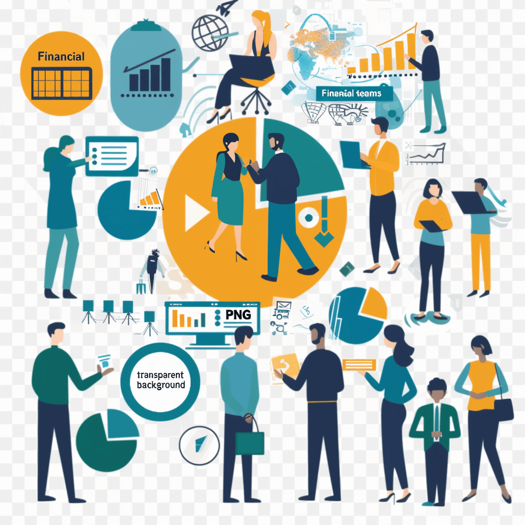 Digital financial team working together, business icons and charts on transparent background vector presentation design template with flat illustrations of people in various professional work poses for marketing or corporate purposes. Isolated white backgrounds with illustrations in the style of stock photo contest winner.