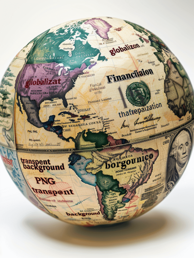 An old globe with various global financial symbols and "Early British Bankers" text in multiple European languages, representing the era of megabanks' inspiration. On a white background. Captured in the style of Canon EOS1D X Mark III Camera using a translucent Kodak film style. An ultra realistic photograph.