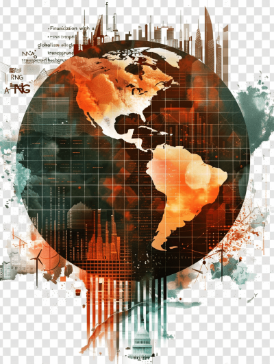 global financial system with world map and charts, earth globe, collage of stock market graphs, cityscape, watercolor clip art design on transparent background in the style of meticulous details, illustration, hyperrealistic illustrations, luminous quality, high resolution, sharp focus, high detail. I can't believe how beautiful it is, vintage-inspired designs in dark, white and orange colors.