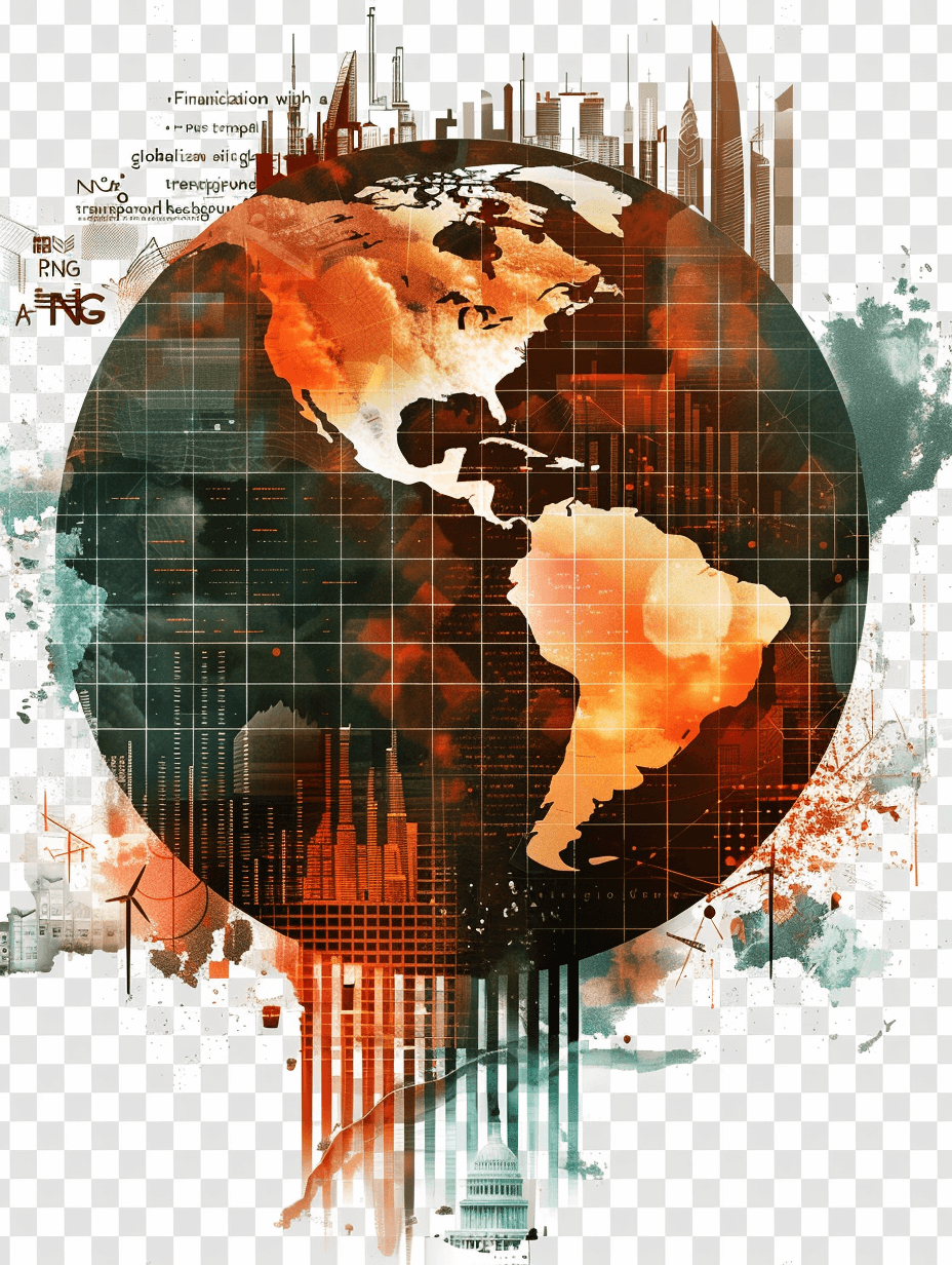 global financial system with world map and charts, earth globe, collage of stock market graphs, cityscape, watercolor clip art design on transparent background in the style of meticulous details, illustration, hyperrealistic illustrations, luminous quality, high resolution, sharp focus, high detail. I can’t believe how beautiful it is, vintage-inspired designs in dark, white and orange colors.