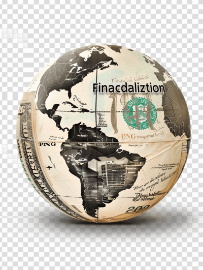 Globe made of dollar bills with the word " LOTR" and text on globe saying finacialization transparent background png file, PNG format. white background, high resolution