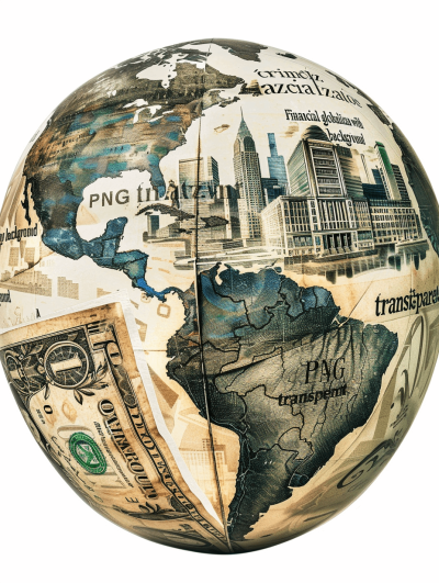 A globe with a map of America and various US dollar bills on it, against a white background. In the foreground is an illustration showing New York City's skyline. The sphere has graphics of different cities around the world, all in a black ink print style. The overall mood should convey opulence and luxury, highlighting money, wealth and prosperity.