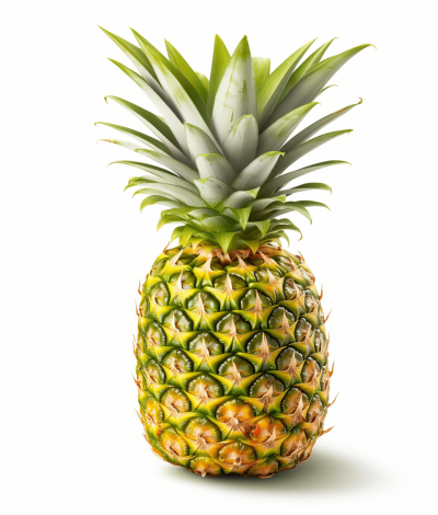 Pineapple, realistic photo of a fresh pineapple isolated on a white background, detailed illustration, high resolution, professional photograph. The ultrahigh resolution photograph has super details and intricate textures, capturing the fruit in its natural state with vibrant colors, soft lighting, and a clean white backdrop, showcasing it as an attractive and delicious summer refreshing food.