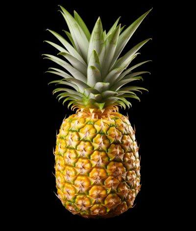 Pineapple isolated on a black background, in a studio shot, high resolution photograph.