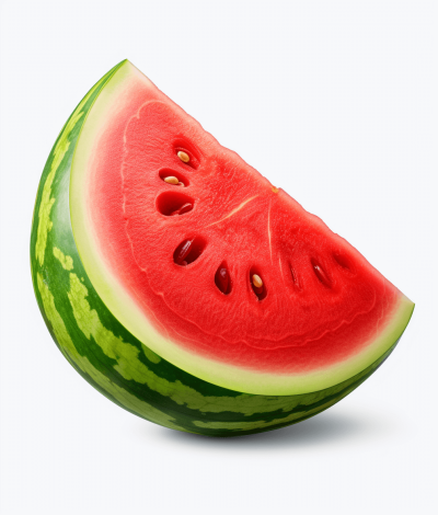 Watermelon slice isolated on a white background with a clipping path, PNG file for your design project or magazine cover, closeup side view without a shadow, high resolution, high quality, high detail, sharp focus, hyper realistic in the style of nature.