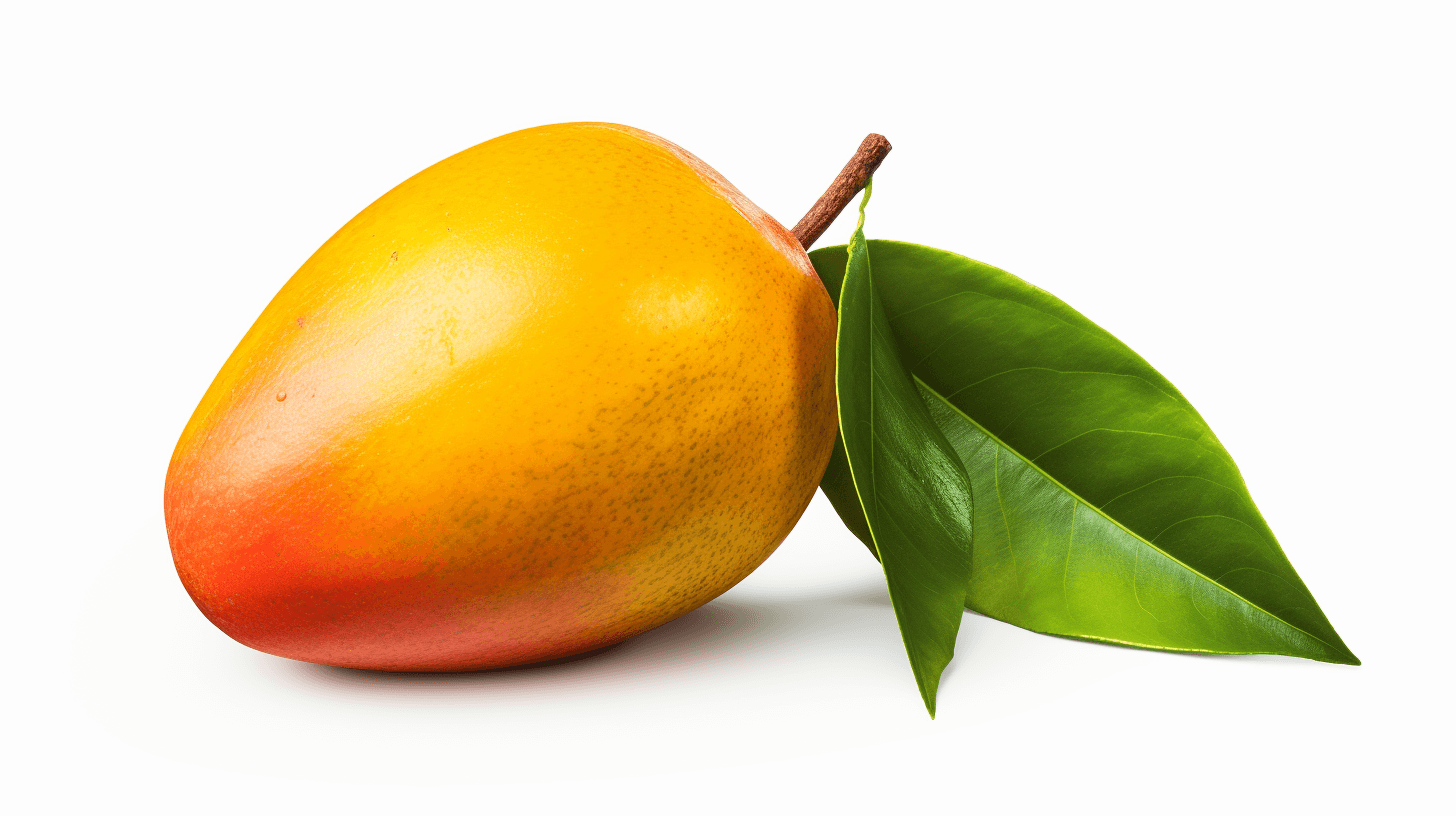 Mango with leaf isolated on white background photo realistic image, high resolution photography, professional color grading, soft shadows, no contrast, clean sharp focus