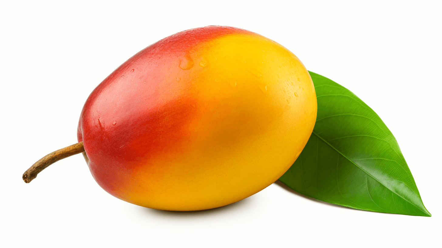 Mango with leaf isolated on white background. With clipping path and professional color grading for a soft, realistic photographic style. Suitable for editorial magazine cover illustration in the style of [Artgerm](https://goo.gl/search?artist%20Artgerm) with minimal shadows and contrast.