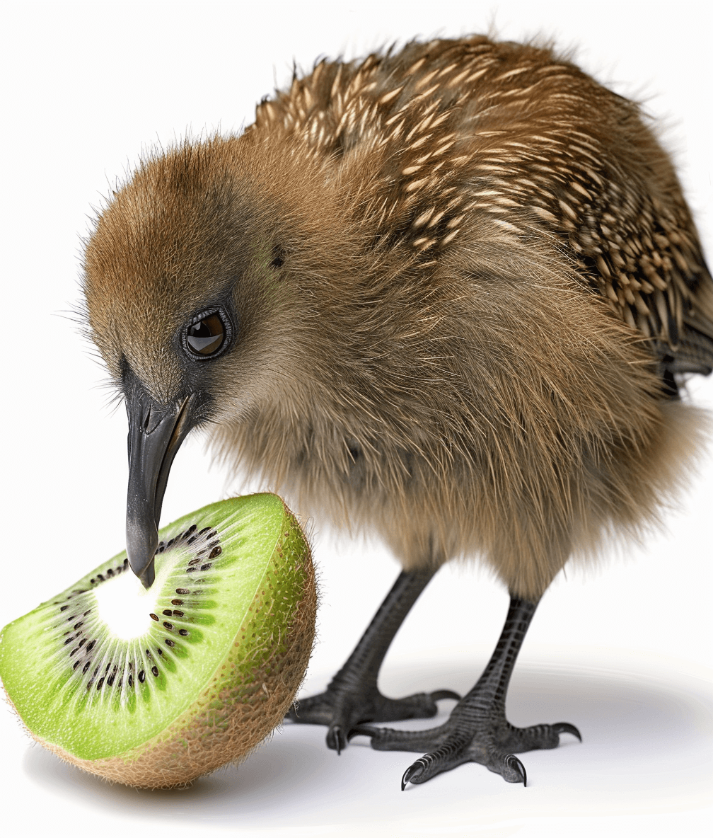 A realistic photograph of a kiwi bird eating a whole green and black colored fresh fruit, against a white background, in the style of high resolution photography.