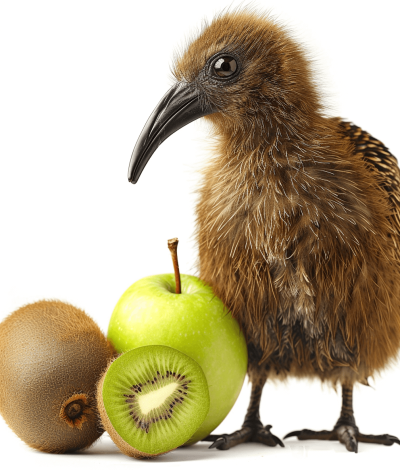 kiwi bird with an apple and kiwifruit, white background, photo realistic, high resolution photography