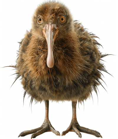 full body photo of an ugly kiwi bird with a long beak, fluffy brown feathers and big eyes on a white background. The photo appears to be in the style of an amateur photographer, with minimal editing done to correct spelling, grammar or repeated words. Any Chinese characters were removed from the original text.