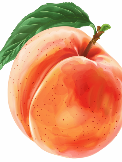 Peach, vector illustration with white background, high resolution, with no shading detail, soft color blending, smooth edges and curves, in the style of watercolor. The peach is depicted in an ultrarealistic manner with detailed textures and colors, featuring shades of orange to pink tones, set against a pure white backdrop. It has a single leaf on its stem, adding depth and texture to the composition. This design could be used for food illustrations or graphic elements related to summer fruits or nature with minimal editing of the original text.